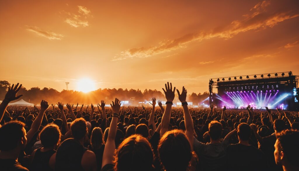 Foule d'un festival de musique en plein air au coucher du soleil
