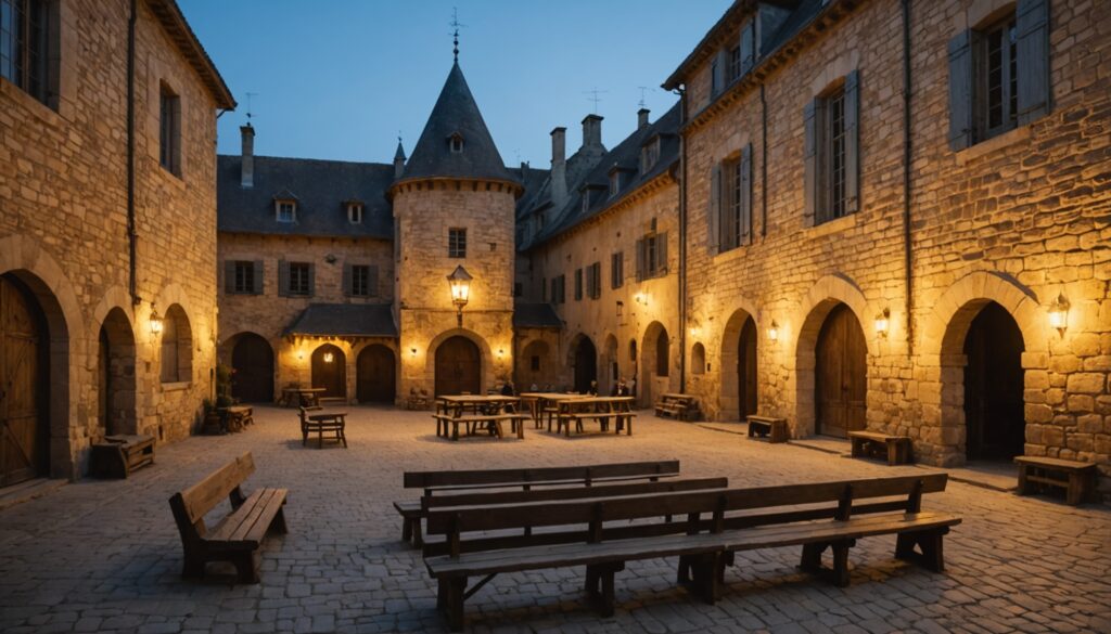 Cour de théâtre en plein air illuminée lors du Festival d'Avignon 2026