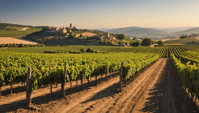 Vignoble français en pleine récolte précoce lors des vendanges 2026