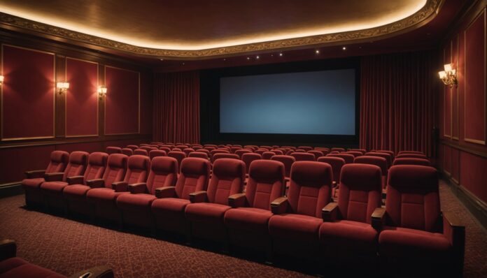 Salle de cinéma avec sièges rouges éclairés en soirée