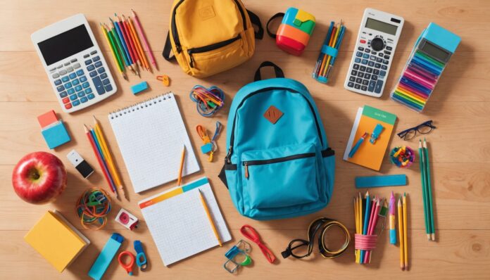 Fournitures scolaires colorées sur une table, bons plans rentrée 2026