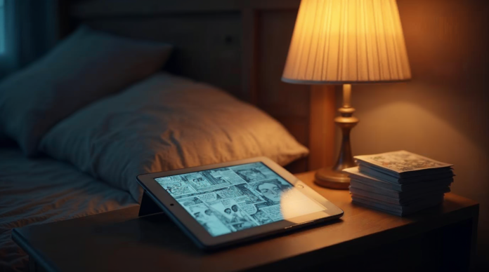 Tablette et pile de mangas posees sur un bureau la nuit dans une chambre tamisee