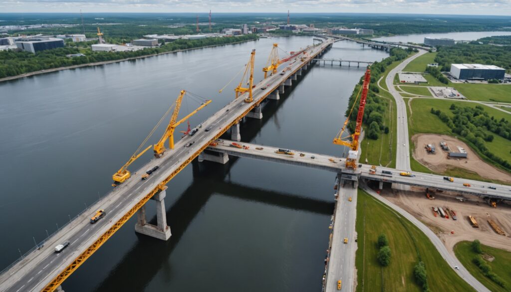 Chantier d'infrastructure routière et pont en construction au Québec