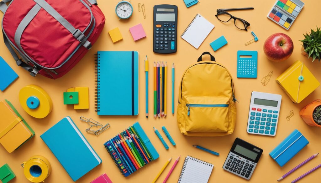 Fournitures scolaires colorées et petit chariot symbolisant la chasse aux aubaines pour la rentrée