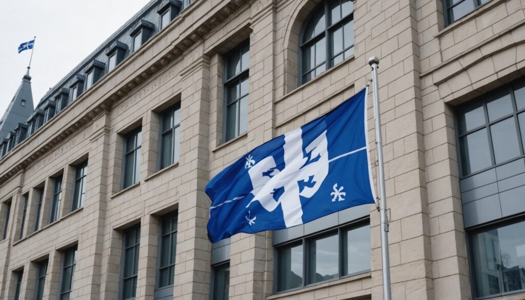 Bâtiment moderne de l'administration publique québécoise, drapeau du Québec
