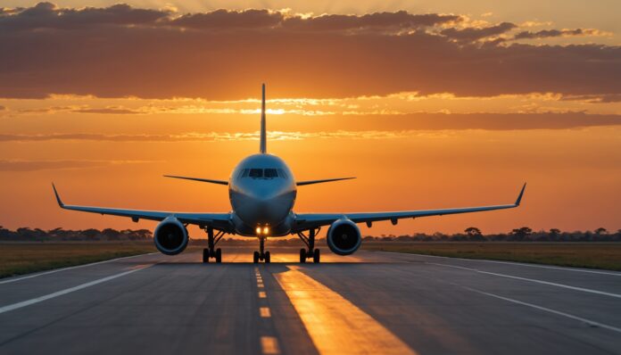 Avion sur un tarmac au coucher du soleil, illustration de la liaison aérienne Montréal-Dakar