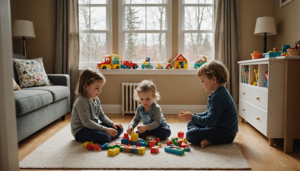 Illustration d'un service de garde en milieu familial au Québec, enfants et éducatrice dans un salon résidentiel chaleureux