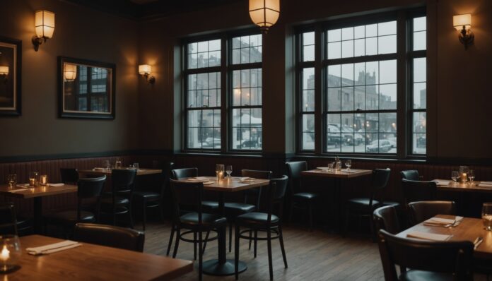 Intérieur d'un restaurant vide avec chaises rangées sur les tables, illustrant la crise de la restauration au Québec