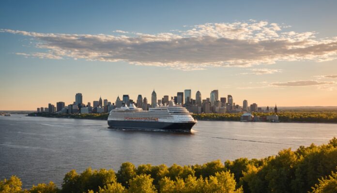 Navire de croisière naviguant sur le fleuve Saint-Laurent au coucher du soleil près de Québec