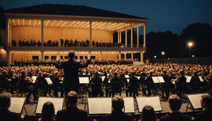 Chef d'orchestre dirigeant un orchestre symphonique en plein air au crépuscule