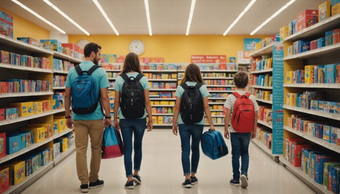 Famille achetant des fournitures scolaires en magasin pendant la rentrée