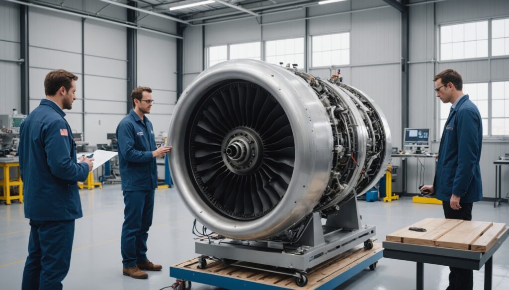 Ingénieurs en laboratoire de recherche aérospatiale examinant un prototype d'aéronef, illustration de la zone d'innovation Espace Aéro au Québec