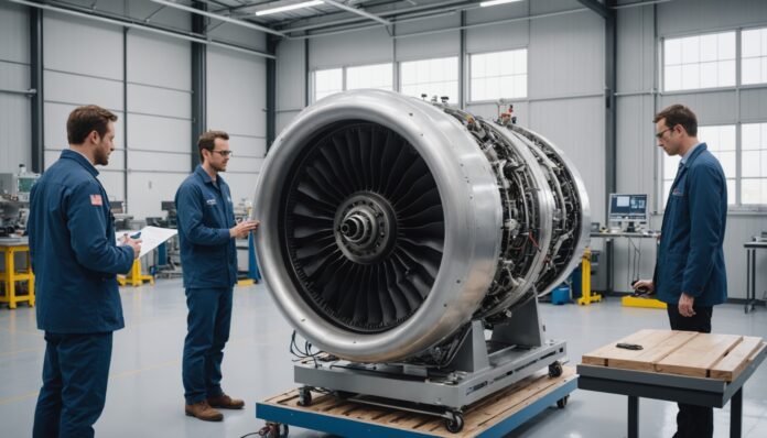 Ingénieurs en laboratoire de recherche aérospatiale examinant un prototype d'aéronef, illustration de la zone d'innovation Espace Aéro au Québec