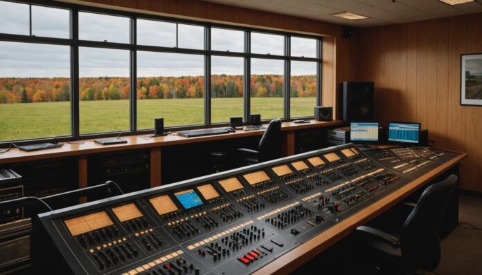 Console de mixage et microphones dans le studio d'une radio communautaire en région, illustration de la transition de CFNJ-FM vers Joliette