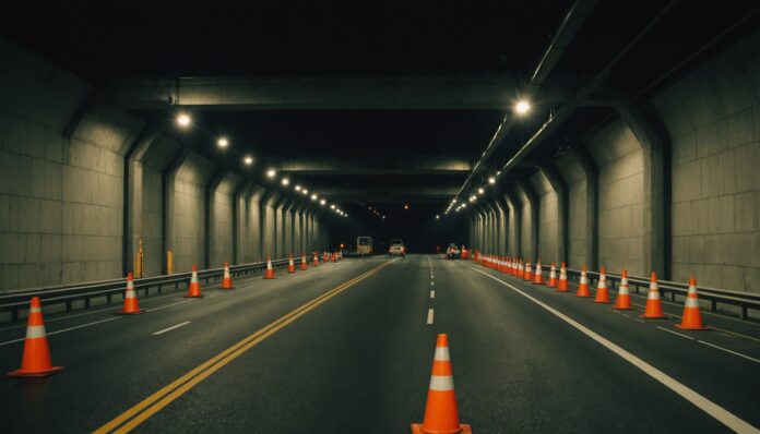Travaux nocturnes et signalisation routière près d'un tunnel autoroutier