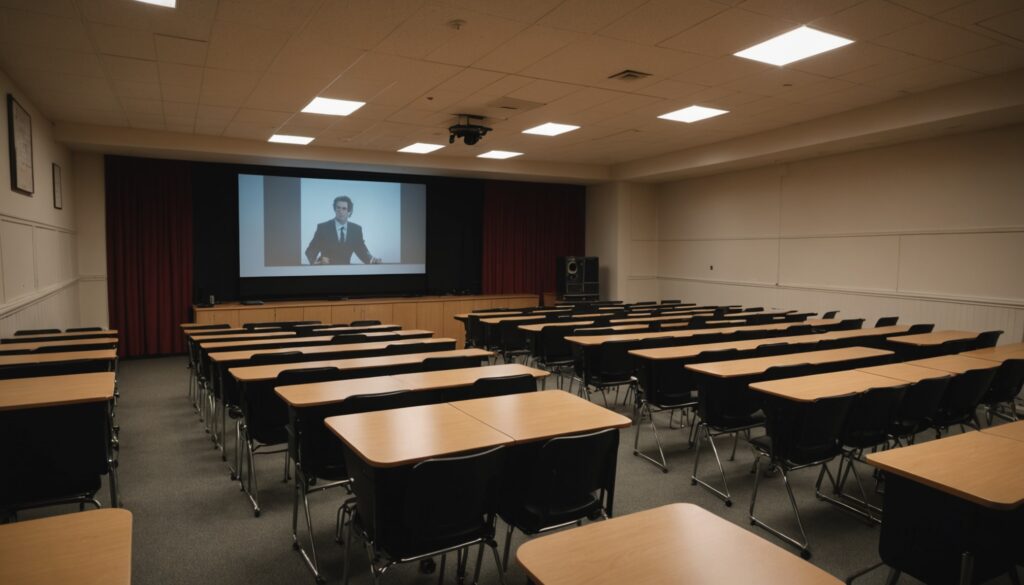 Salle de classe transformée en petite salle de cinéma avec écran de projection