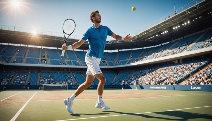 Court de tennis extérieur avec joueur professionnel en plein match, ambiance tournoi