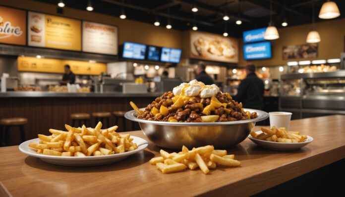 Restaurant de poutine en franchise dans une aire de restauration au centre-ville de Montréal