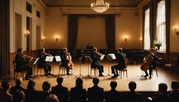 Intérieur d'une salle de concert de musée avec quatuor à cordes sur scène
