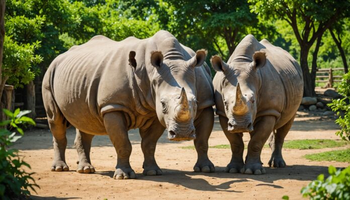 Deux rhinocéros blancs dans un enclos verdoyant, journée ensoleillée