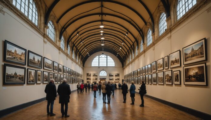 Visiteurs regardant des photographies exposées dans une salle patrimoniale du Marché Bonsecours à Montréal