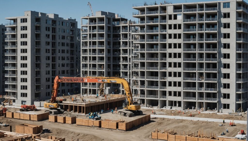 Chantier de construction d'un immeuble résidentiel locatif dans l'est de Montréal