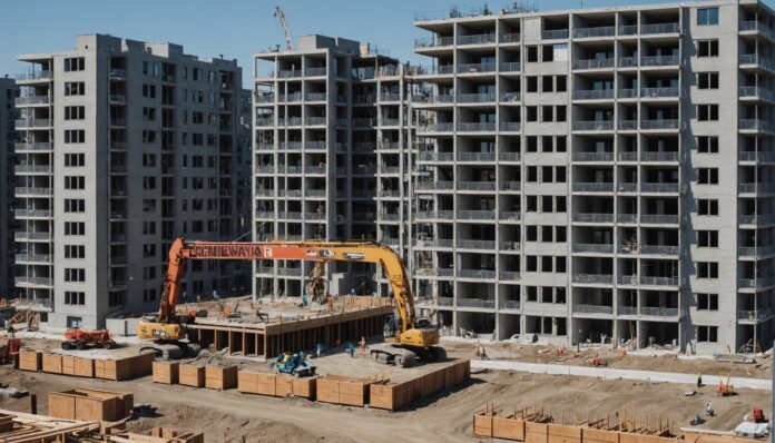 Chantier de construction d'un immeuble résidentiel locatif dans l'est de Montréal
