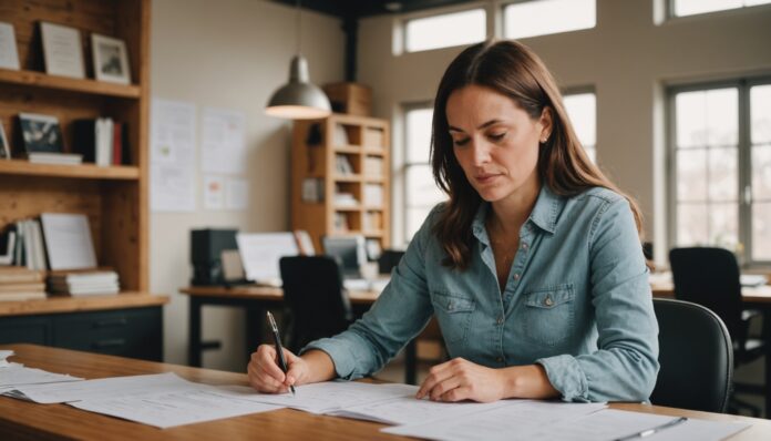 Entrepreneur québécois consultant des documents financiers dans son atelier