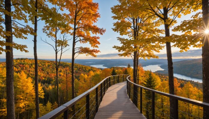 Passerelle suspendue à la cime des arbres surplombant une vallée boisée dans les Laurentides