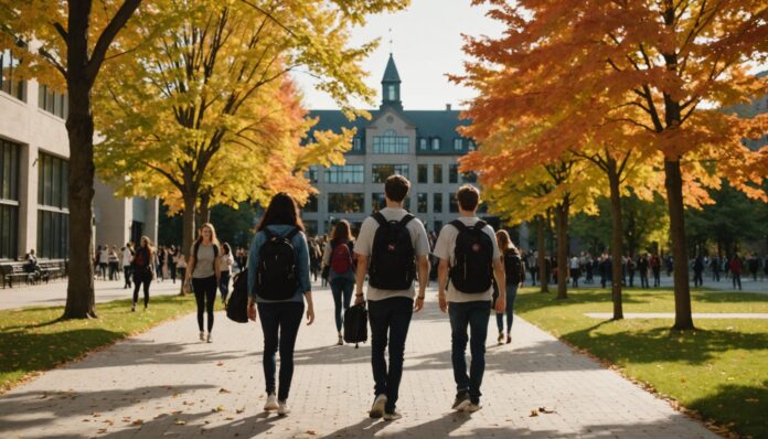 Étudiants marchant sur un campus de cégep québécois en début d'automne