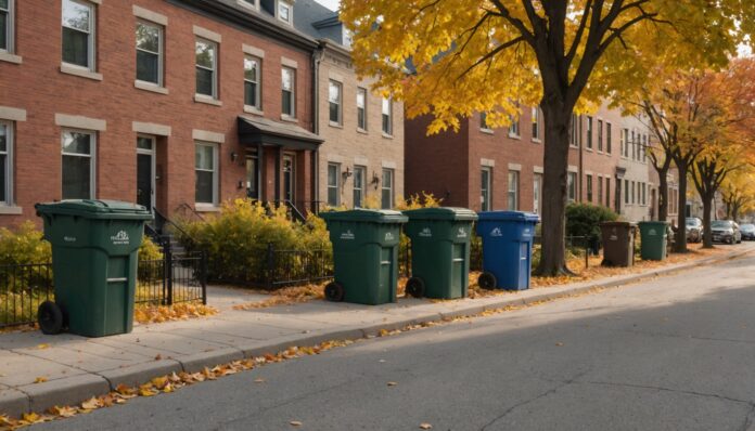 Rue résidentielle montréalaise avec bacs d'ordures et de recyclage alignés devant des triplex
