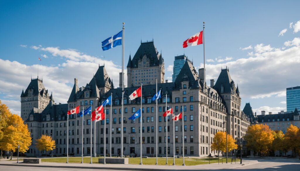 Bâtiment gouvernemental du Québec avec drapeaux, illustrant le budget 2026-2027