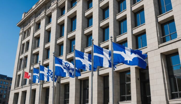 Façade d'un édifice gouvernemental québécois avec drapeaux, ciel bleu
