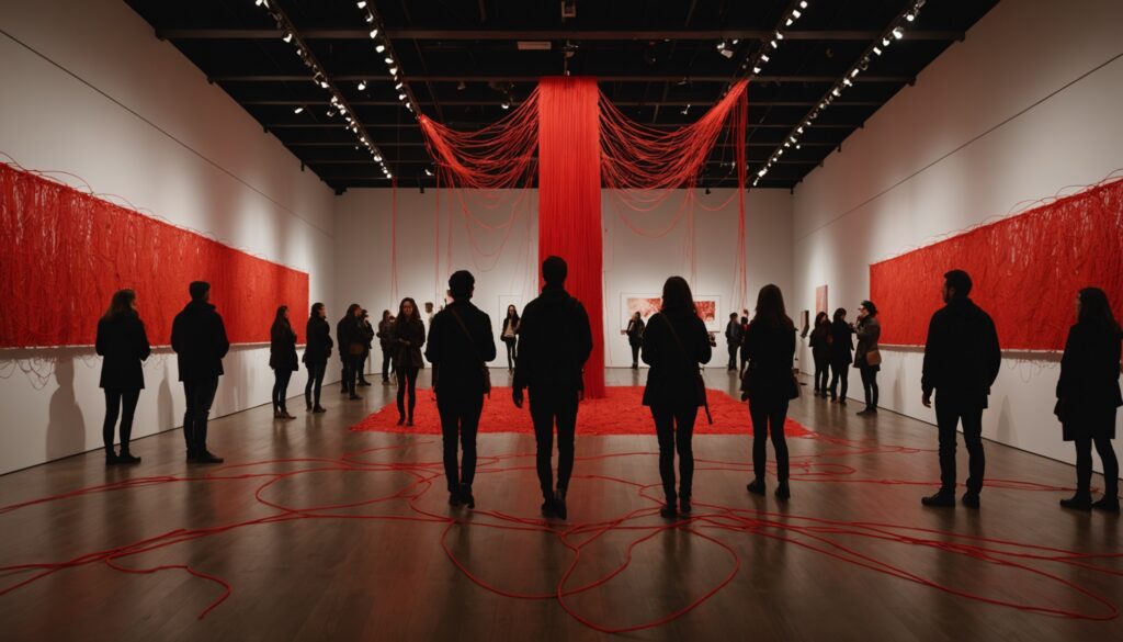 Installation de fils rouges suspendue dans une salle de musée, exposition Chiharu Shiota à Montréal