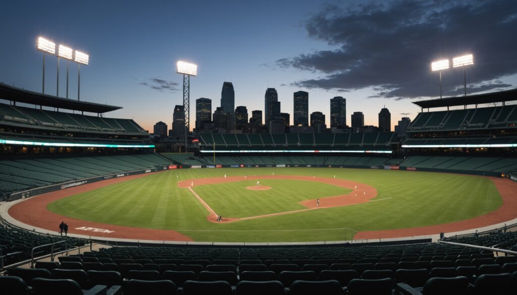 Stade de baseball vide en soirée avec la silhouette de Montréal en arrière-plan