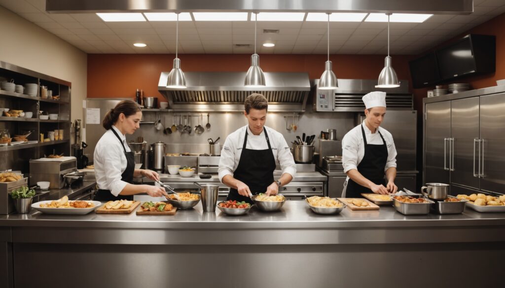 Comptoir de restauration rapide animé avec du personnel en service, illustration du secteur de la restauration au Québec