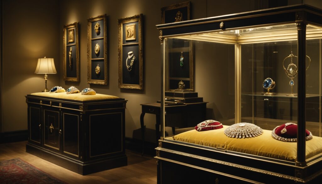 Écrin de bijoux royaux anciens avec un grand diamant jaune pâle, exposition de musée