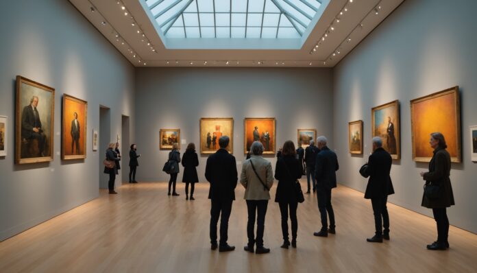 Galerie de musée d'art contemporain à Montréal avec visiteurs et installations artistiques