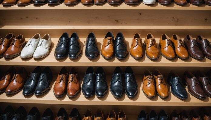 Rangée de chaussures homme en cuir présentées en boutique