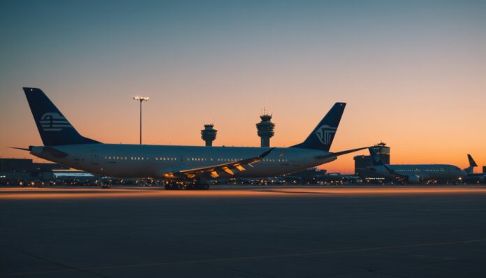Terminal d'aéroport avec avion sur le tarmac au crépuscule, silhouette de Montréal