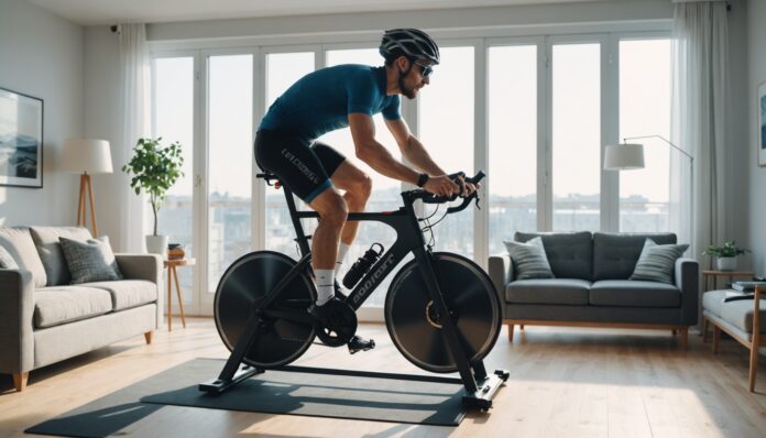Cycliste sur un home trainer dans un salon lumineux