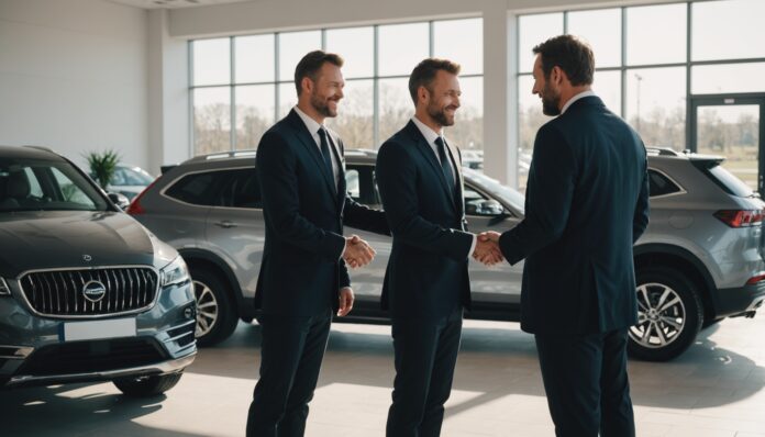 Client et vendeur automobile devant un véhicule neuf en concession