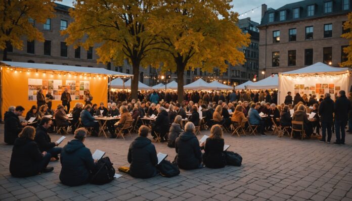 Scène de festival littéraire en plein air à Montréal au crépuscule