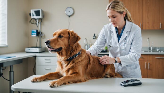 Vétérinaire examinant un chien sur une table d'examen dans une clinique vétérinaire moderne