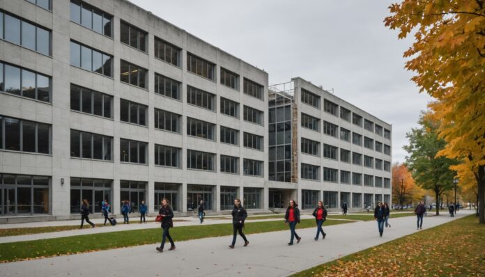 Façade d'un cégep du Québec en travaux de rénovation