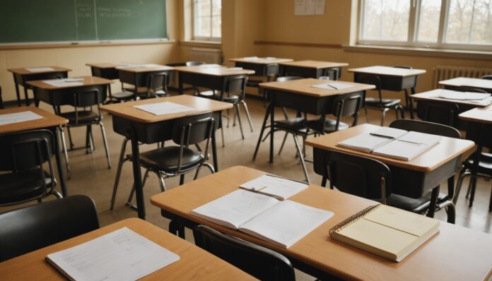 Salle de classe vide dans une école secondaire du Québec, symbole des bulletins scolaires modifiés