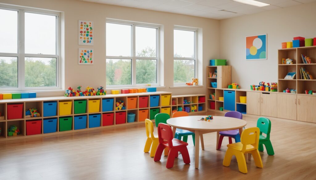 Salle de classe de garderie vide, lumineuse et colorée, à Montréal
