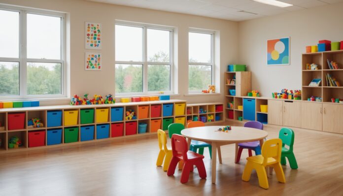 Salle de classe de garderie vide, lumineuse et colorée, à Montréal