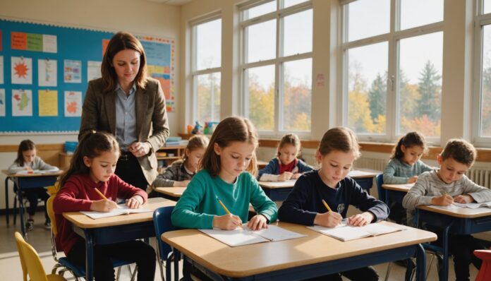Enseignante stagiaire avec des élèves dans une classe de primaire lumineuse au Québec