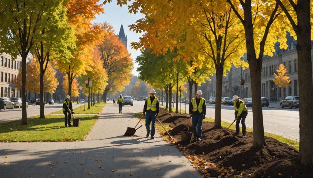 Plantation d'arbres le long d'une rue de Montréal bordée d'érables matures